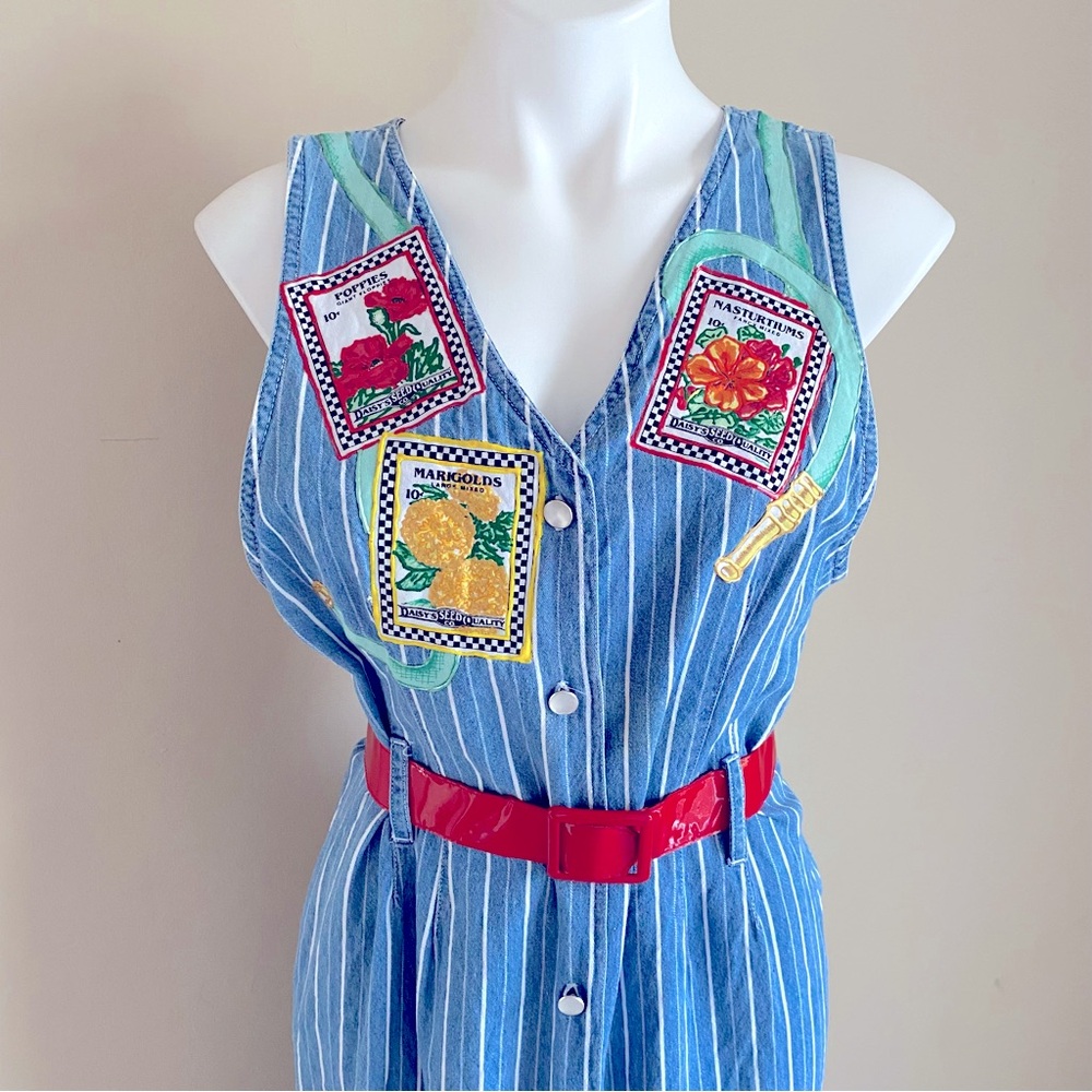 Vintage Denim Sleeveless Dress Midi Front Button Denim Flower Garden M - Picture 3 of 16